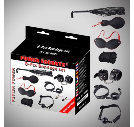 Bondage set 8 pcs black cuffs / collar/ mask/ whipp/ clamps/rope etc